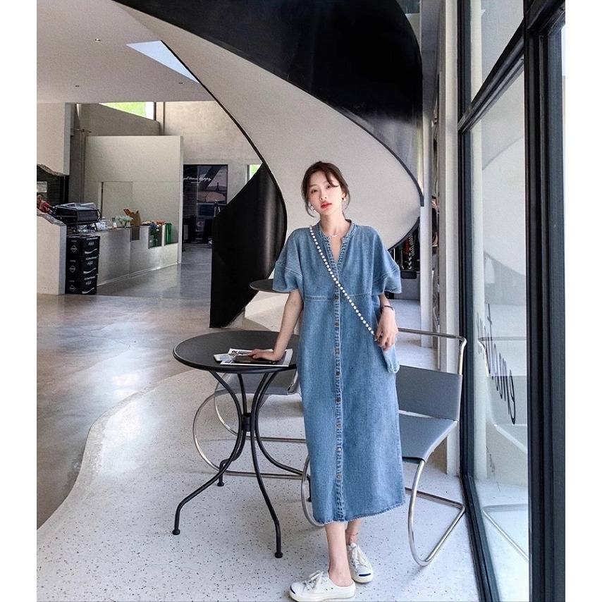漾貝比【9155379】中大尺碼女裝 復古接V領排釦牛仔優雅洋裝 (36-42)-細節圖5