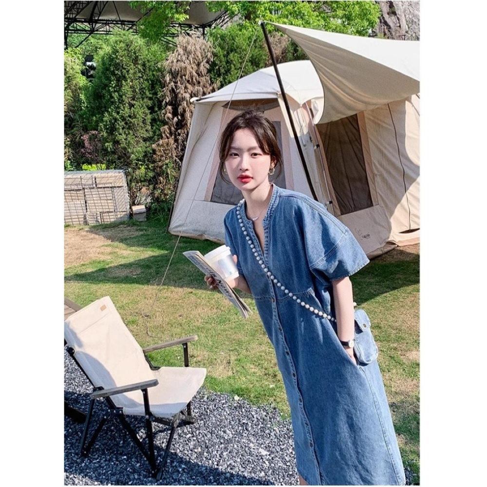 漾貝比【9155379】中大尺碼女裝 復古接V領排釦牛仔優雅洋裝 (36-42)-細節圖6