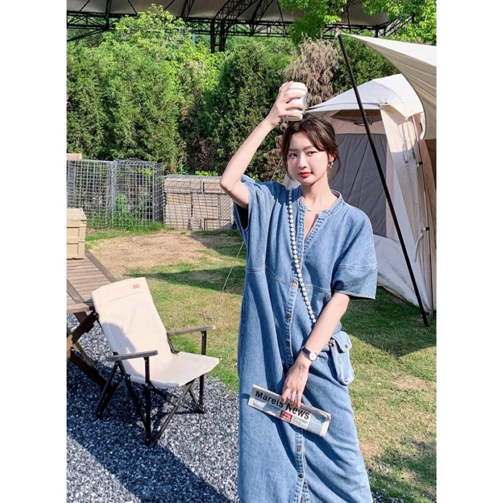 漾貝比【9155379】中大尺碼女裝 復古接V領排釦牛仔優雅洋裝 (36-42)-細節圖8