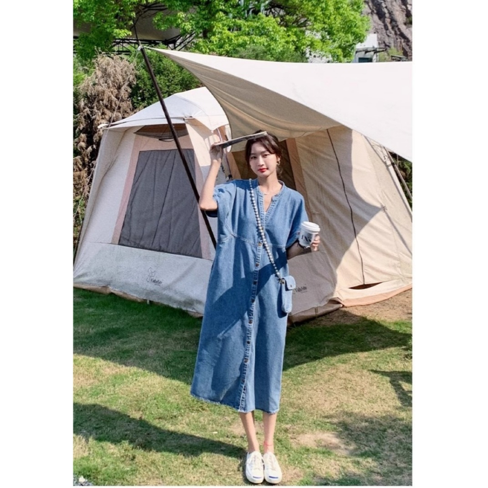 漾貝比【9155379】中大尺碼女裝 復古接V領排釦牛仔優雅洋裝 (36-42)-細節圖10