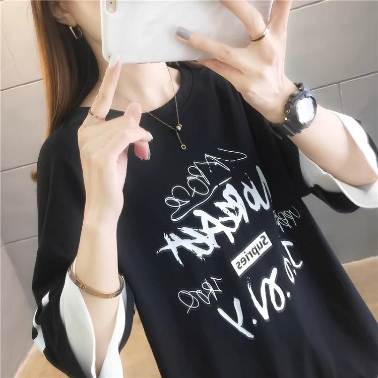 漾貝比【9155390】中大尺碼女裝 拼接雙色英文袖SUPRIES圓領T．共2色 (36-46)-細節圖3