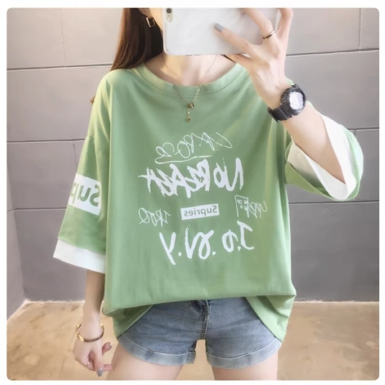 漾貝比【9155390】中大尺碼女裝 拼接雙色英文袖SUPRIES圓領T．共2色 (36-46)-細節圖7