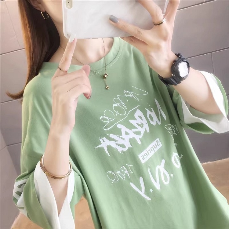 漾貝比【9155390】中大尺碼女裝 拼接雙色英文袖SUPRIES圓領T．共2色 (36-46)-細節圖8