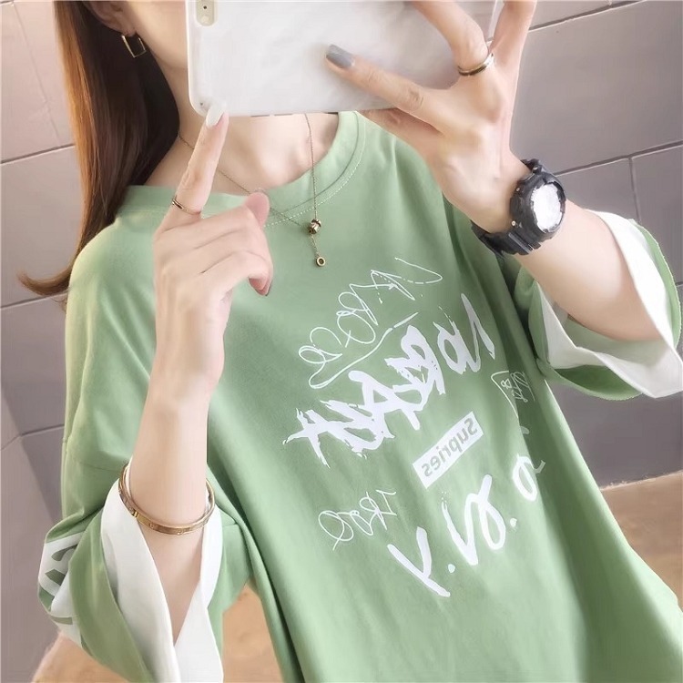 漾貝比【9155390】中大尺碼女裝 拼接雙色英文袖SUPRIES圓領T．共2色 (36-46)-細節圖8