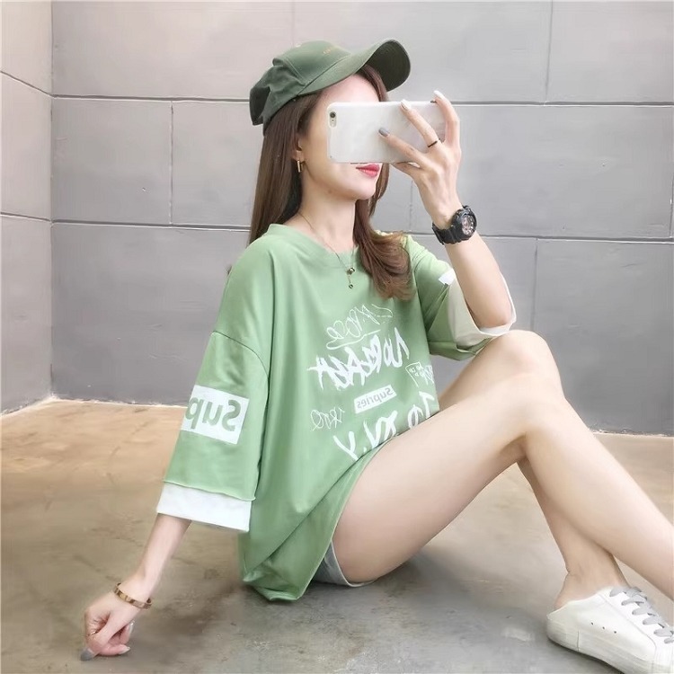 漾貝比【9155390】中大尺碼女裝 拼接雙色英文袖SUPRIES圓領T．共2色 (36-46)-細節圖9