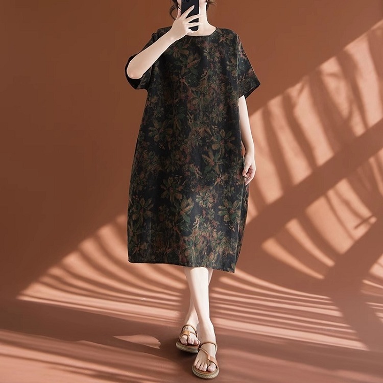 漾貝比【9155402】中大尺碼女裝 圓領樹葉拓印民俗風棉麻洋裝 (38-50)-細節圖2