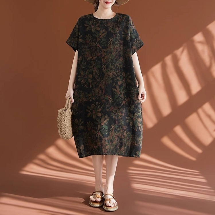 漾貝比【9155402】中大尺碼女裝 圓領樹葉拓印民俗風棉麻洋裝 (38-50)-細節圖3