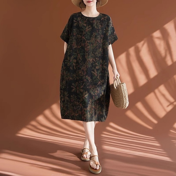 漾貝比【9155402】中大尺碼女裝 圓領樹葉拓印民俗風棉麻洋裝 (38-50)-細節圖4