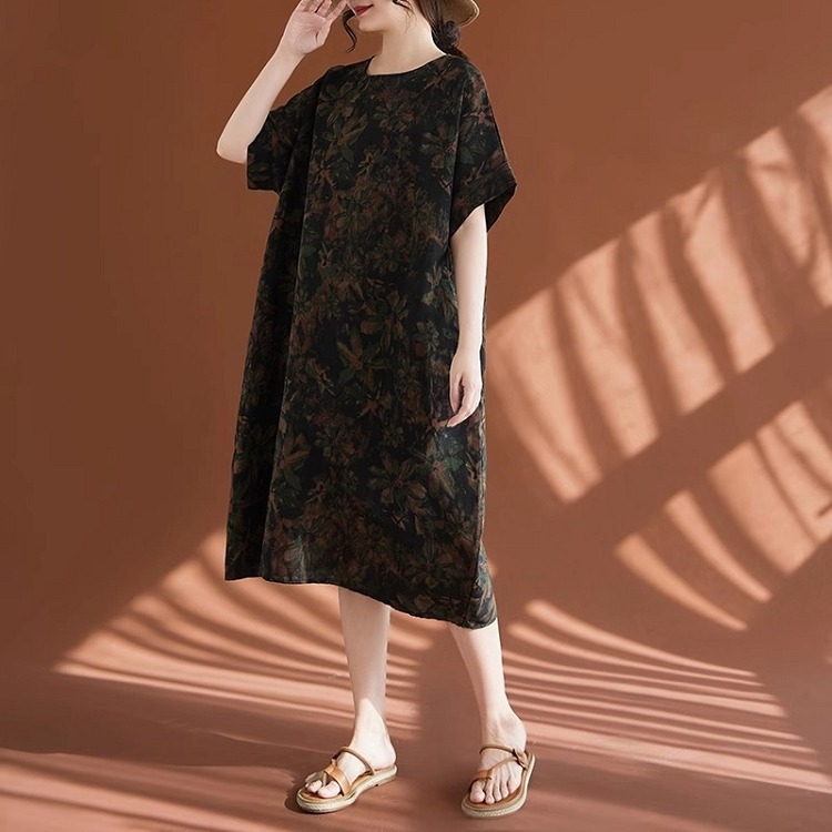 漾貝比【9155402】中大尺碼女裝 圓領樹葉拓印民俗風棉麻洋裝 (38-50)-細節圖5