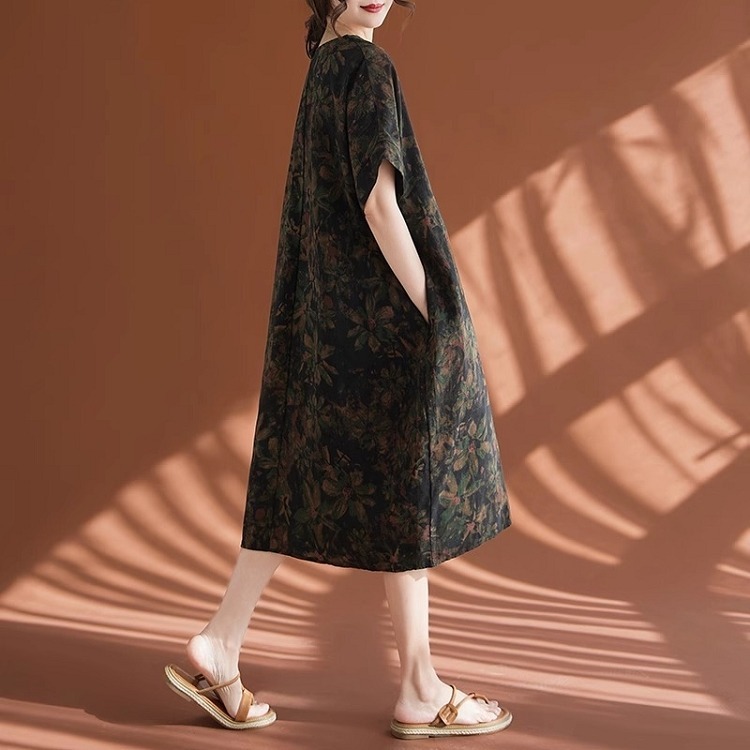 漾貝比【9155402】中大尺碼女裝 圓領樹葉拓印民俗風棉麻洋裝 (38-50)-細節圖7