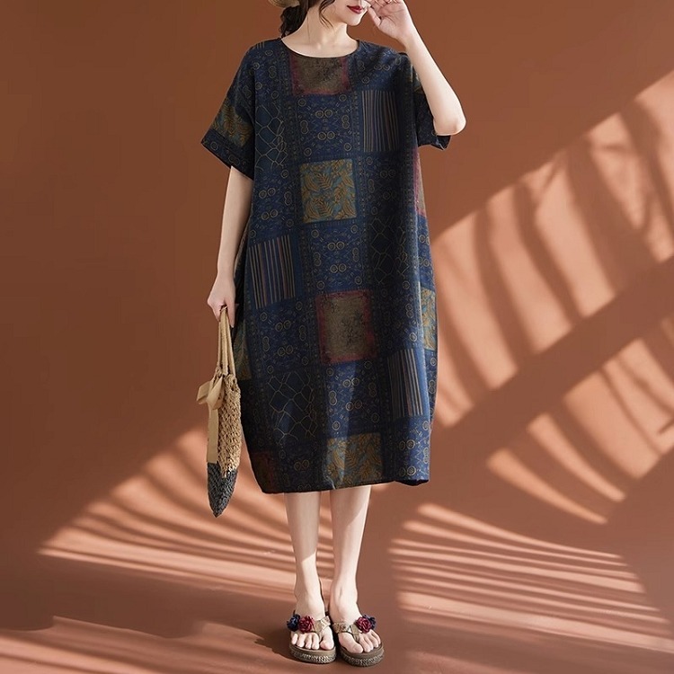 漾貝比【9155403】中大尺碼女裝 圓領方塊圖形民俗風棉麻洋裝 (38-50)-細節圖4