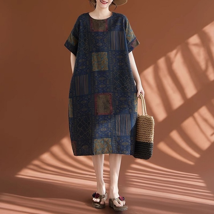 漾貝比【9155403】中大尺碼女裝 圓領方塊圖形民俗風棉麻洋裝 (38-50)-細節圖5