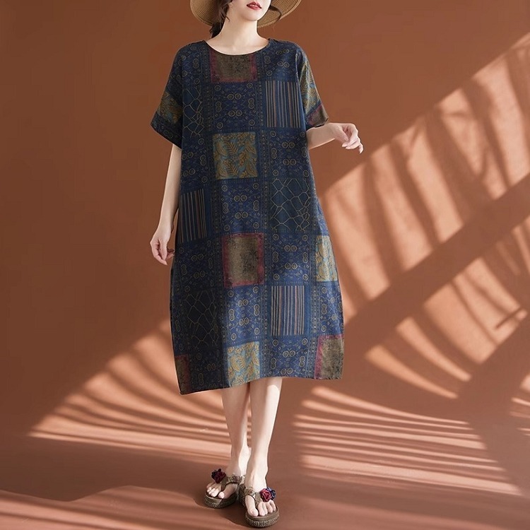 漾貝比【9155403】中大尺碼女裝 圓領方塊圖形民俗風棉麻洋裝 (38-50)-細節圖8