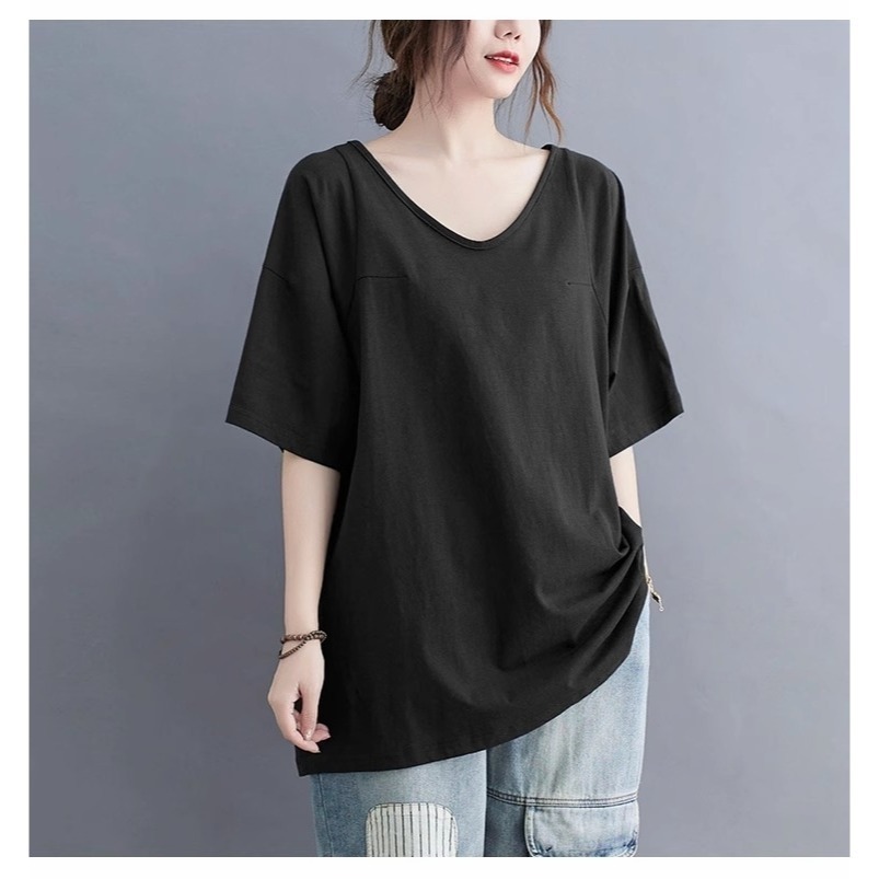 漾貝比【9155411】中大尺碼女裝 美背一折V領純色中長版棉質上衣 (38-48)-細節圖2