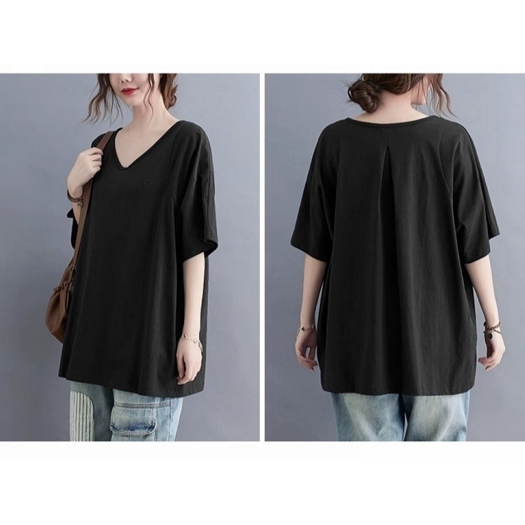 漾貝比【9155411】中大尺碼女裝 美背一折V領純色中長版棉質上衣 (38-48)-細節圖3