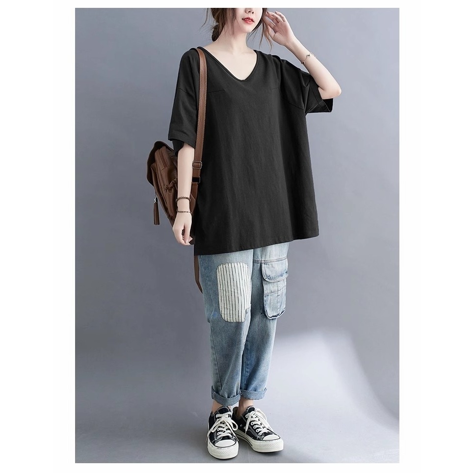 漾貝比【9155411】中大尺碼女裝 美背一折V領純色中長版棉質上衣 (38-48)-細節圖4