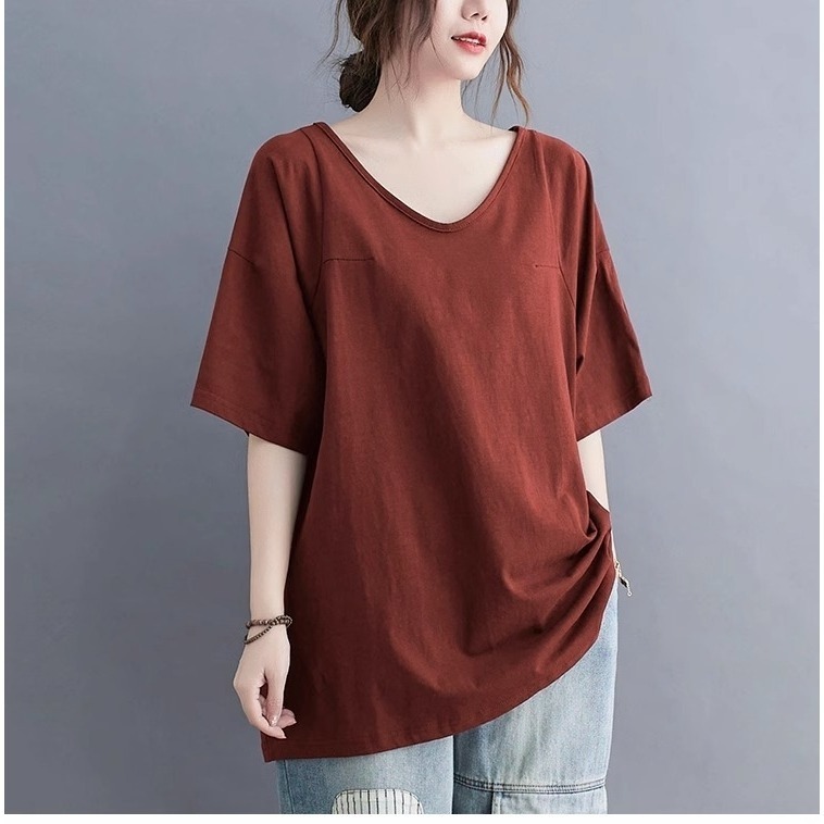 漾貝比【9155411】中大尺碼女裝 美背一折V領純色中長版棉質上衣 (38-48)-細節圖6