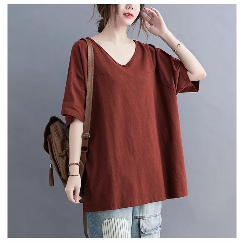 漾貝比【9155411】中大尺碼女裝 美背一折V領純色中長版棉質上衣 (38-48)-細節圖7