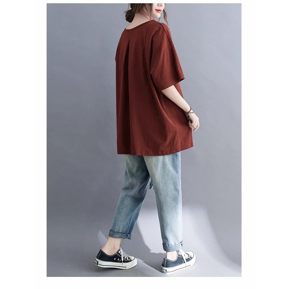 漾貝比【9155411】中大尺碼女裝 美背一折V領純色中長版棉質上衣 (38-48)-細節圖9