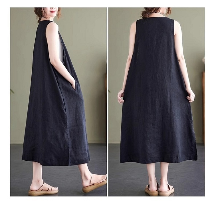 漾貝比【9155416】中大尺碼女裝 深V四釦開叉棉麻背心洋裝．共2色 (36-46)-細節圖4