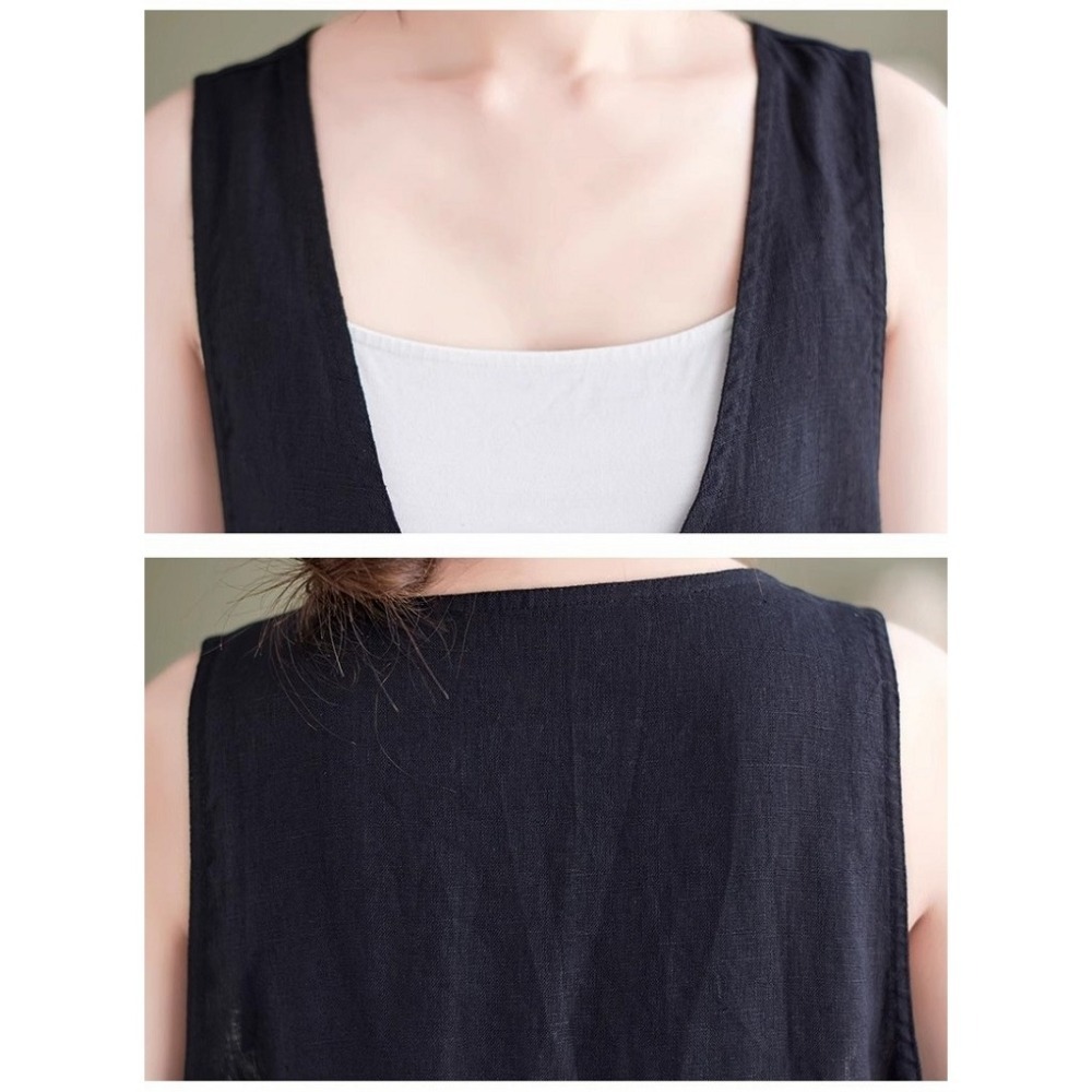 漾貝比【9155416】中大尺碼女裝 深V四釦開叉棉麻背心洋裝．共2色 (36-46)-細節圖5