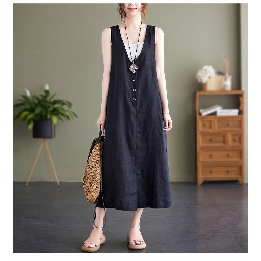 漾貝比【9155416】中大尺碼女裝 深V四釦開叉棉麻背心洋裝．共2色 (36-46)-細節圖2