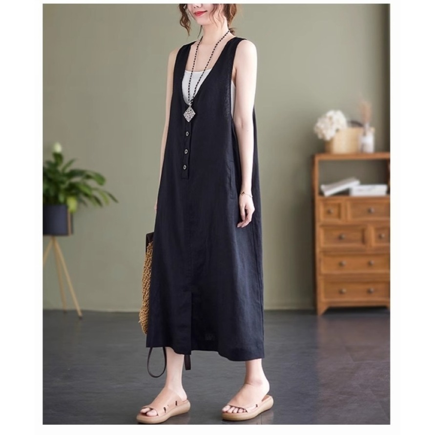 漾貝比【9155416】中大尺碼女裝 深V四釦開叉棉麻背心洋裝．共2色 (36-46)-細節圖3
