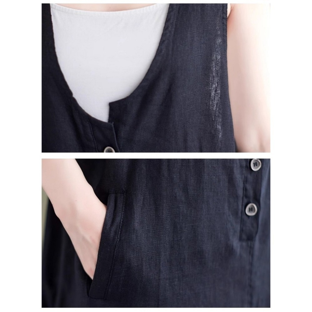 漾貝比【9155416】中大尺碼女裝 深V四釦開叉棉麻背心洋裝．共2色 (36-46)-細節圖6