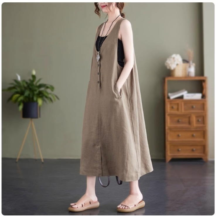 漾貝比【9155416】中大尺碼女裝 深V四釦開叉棉麻背心洋裝．共2色 (36-46)-細節圖7