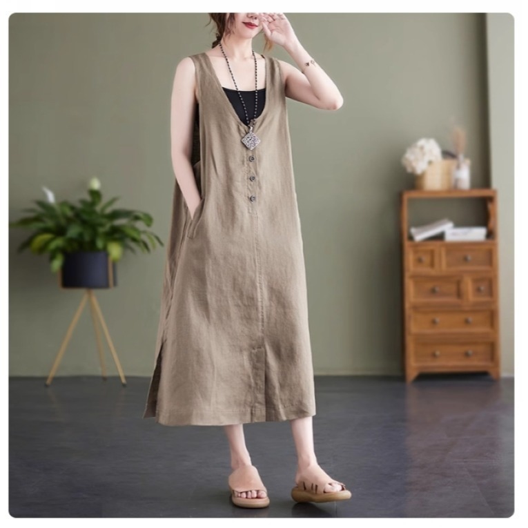 漾貝比【9155416】中大尺碼女裝 深V四釦開叉棉麻背心洋裝．共2色 (36-46)-細節圖8