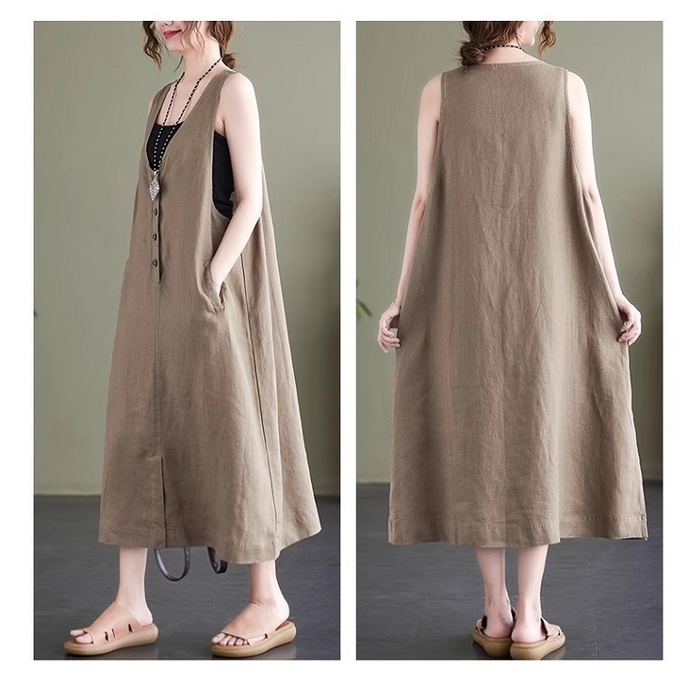 漾貝比【9155416】中大尺碼女裝 深V四釦開叉棉麻背心洋裝．共2色 (36-46)-細節圖9