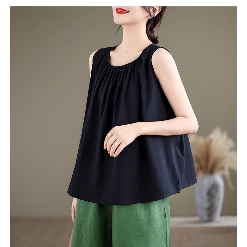 漾貝比【9155418】中大尺碼女裝 圓領胸口抓皺寬肩背心．黑 (36-46)-細節圖2