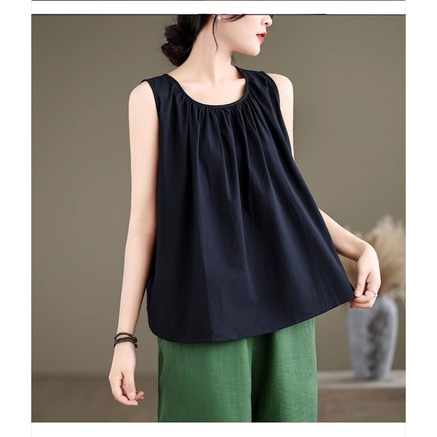 漾貝比【9155418】中大尺碼女裝 圓領胸口抓皺寬肩背心．黑 (36-46)-細節圖3