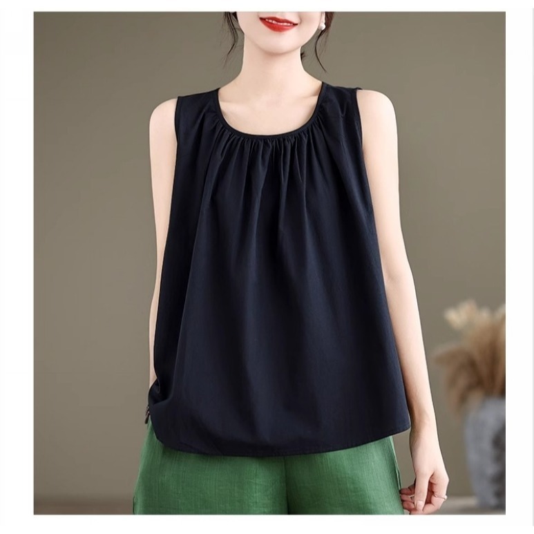 漾貝比【9155418】中大尺碼女裝 圓領胸口抓皺寬肩背心．黑 (36-46)-細節圖4