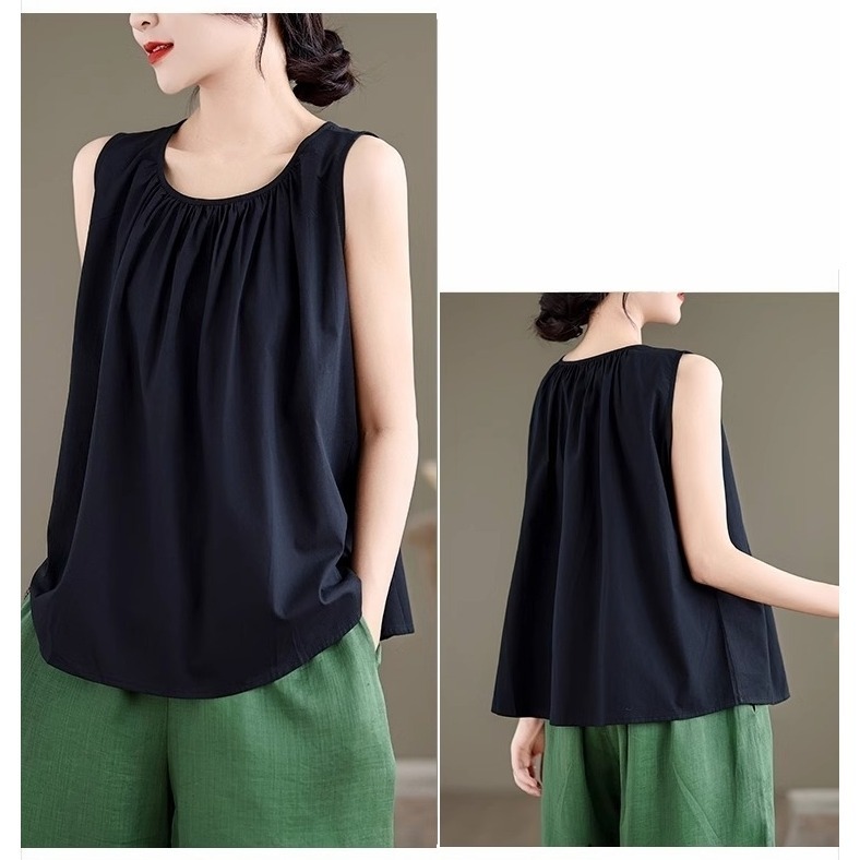 漾貝比【9155418】中大尺碼女裝 圓領胸口抓皺寬肩背心．黑 (36-46)-細節圖6