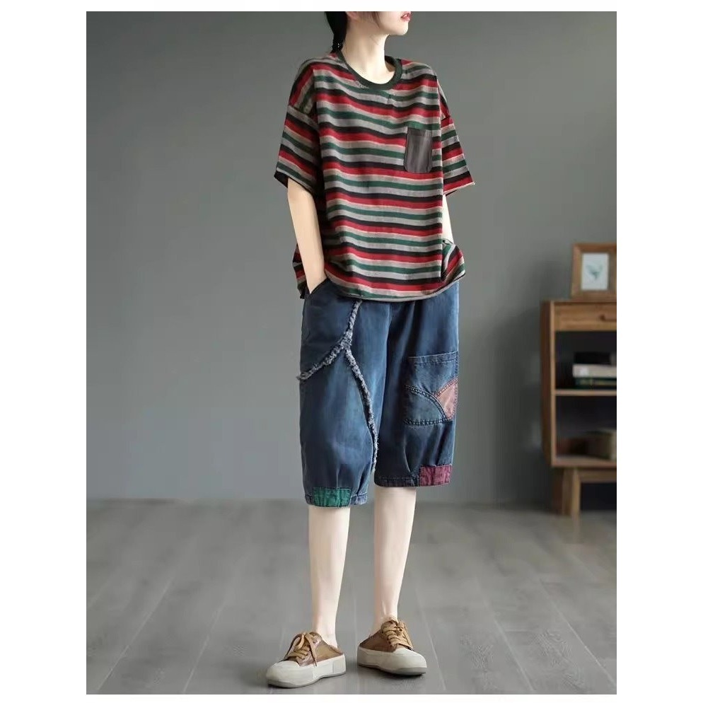 漾貝比【9155430】中大尺碼女裝 鬚鬚車線拼接口袋五分鬆緊牛仔褲 (30-38)-細節圖2