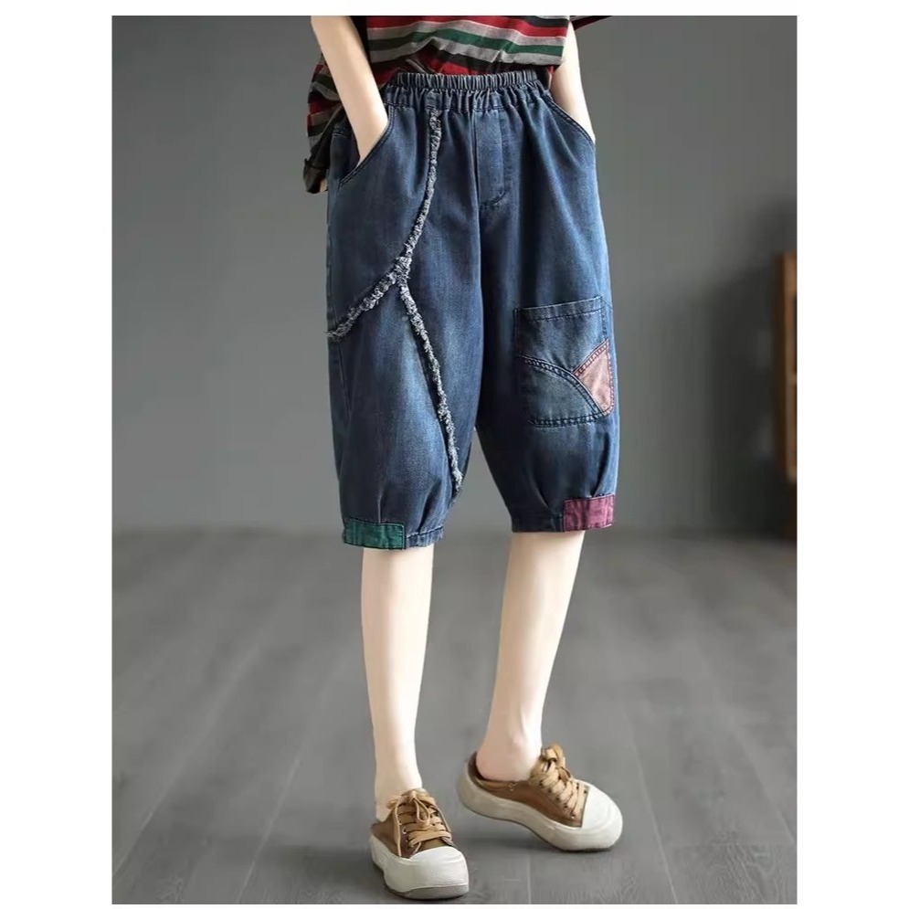 漾貝比【9155430】中大尺碼女裝 鬚鬚車線拼接口袋五分鬆緊牛仔褲 (30-38)-細節圖3