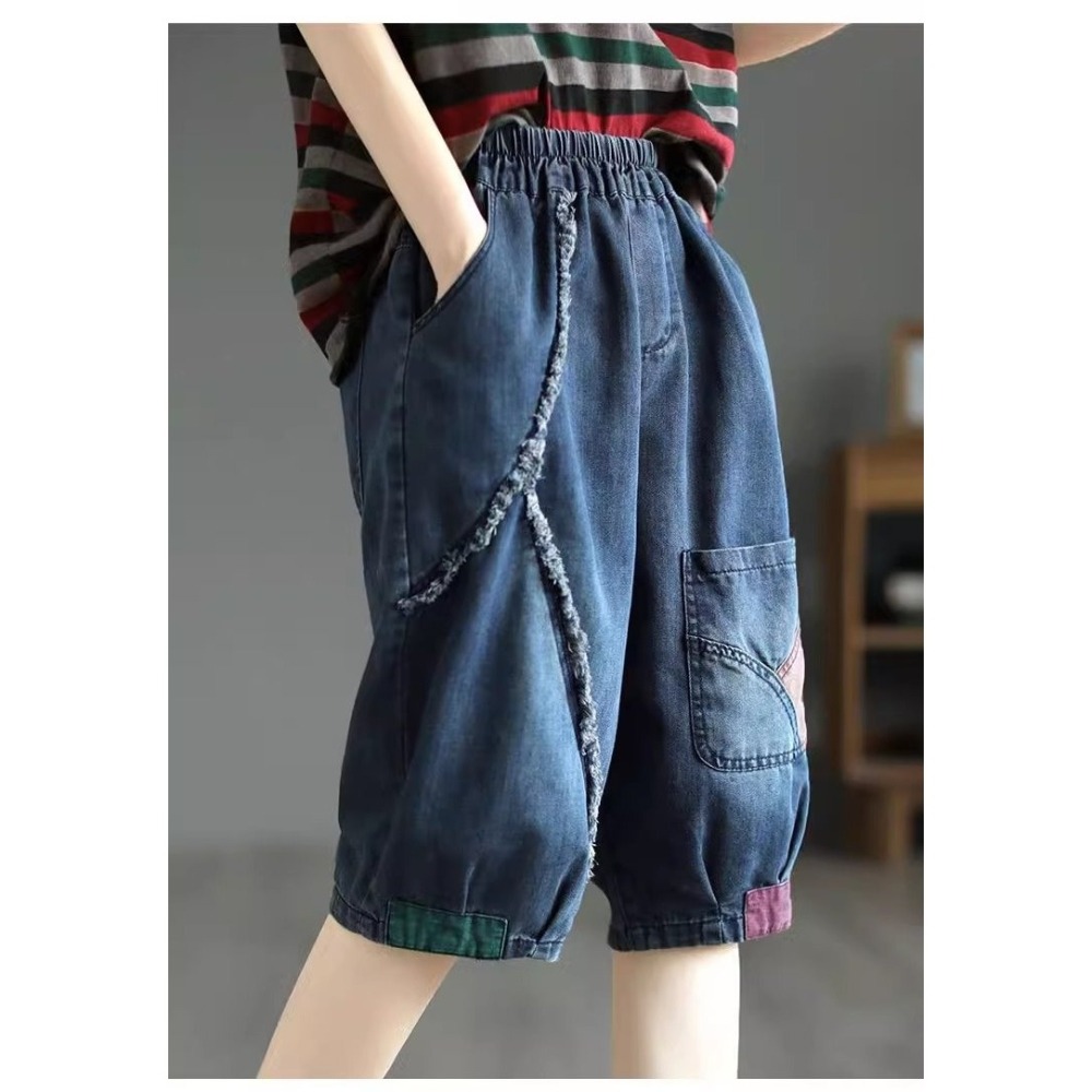 漾貝比【9155430】中大尺碼女裝 鬚鬚車線拼接口袋五分鬆緊牛仔褲 (30-38)-細節圖5