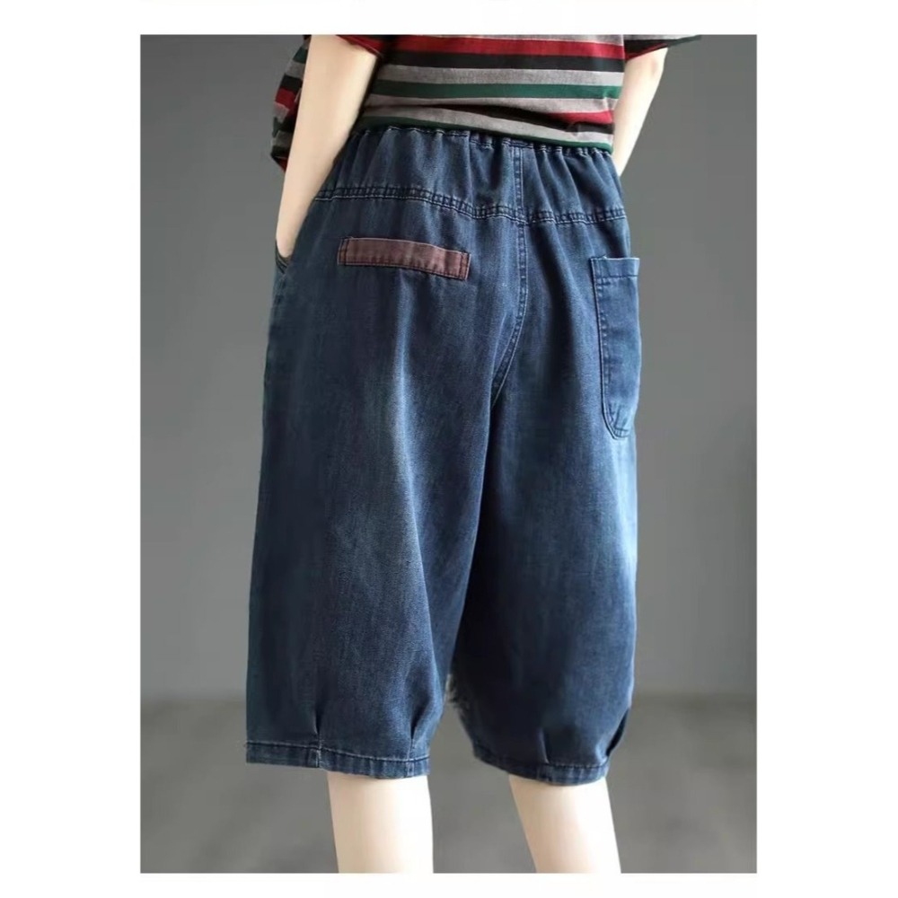 漾貝比【9155430】中大尺碼女裝 鬚鬚車線拼接口袋五分鬆緊牛仔褲 (30-38)-細節圖6