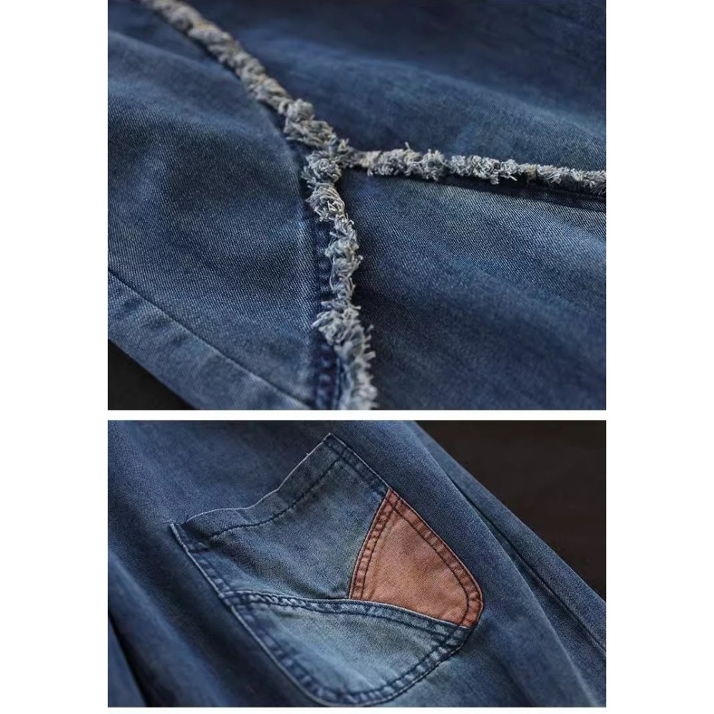 漾貝比【9155430】中大尺碼女裝 鬚鬚車線拼接口袋五分鬆緊牛仔褲 (30-38)-細節圖7