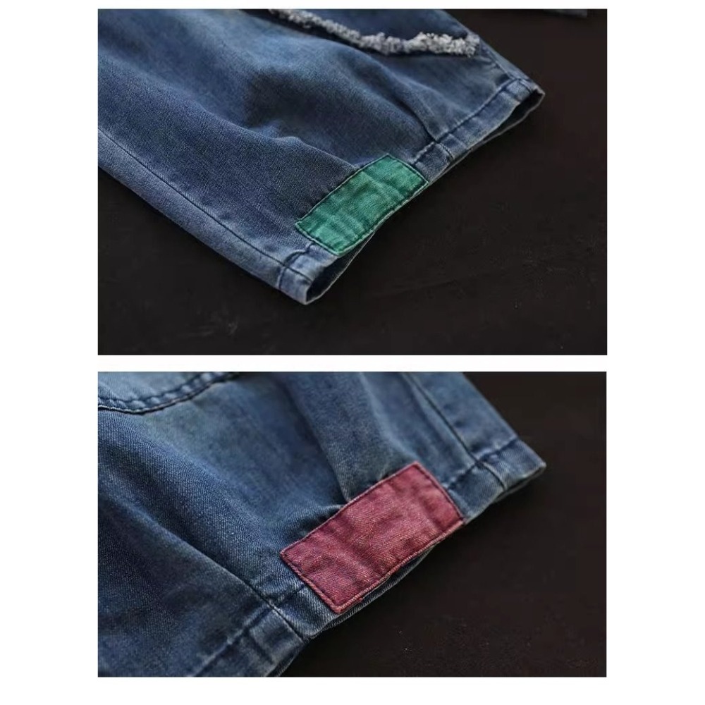 漾貝比【9155430】中大尺碼女裝 鬚鬚車線拼接口袋五分鬆緊牛仔褲 (30-38)-細節圖8