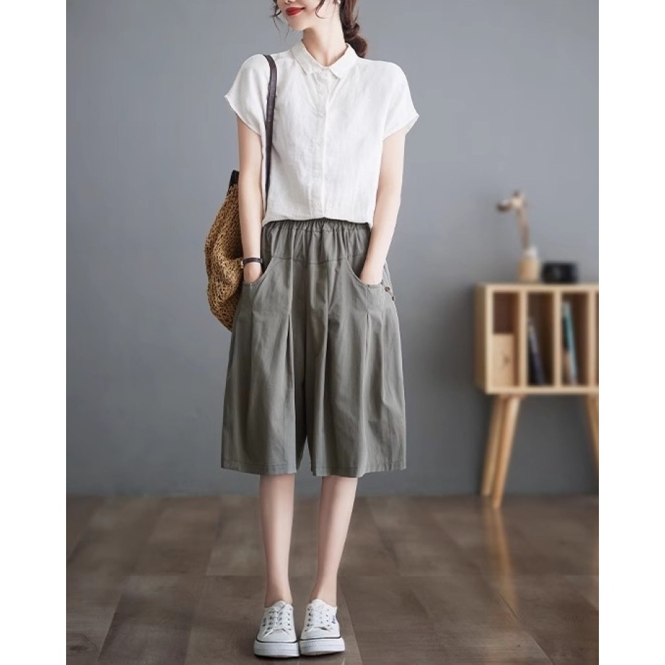 漾貝比【9155432】中大尺碼女裝 抓皺排釦口袋休閒五分鬆緊褲裙．共2色 (28-40)-細節圖8