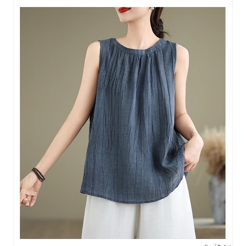 漾貝比【9155433】中大尺碼女裝 復古圓領褶皺縈麻寬鬆造型背心．共2色 (36-48)-細節圖3