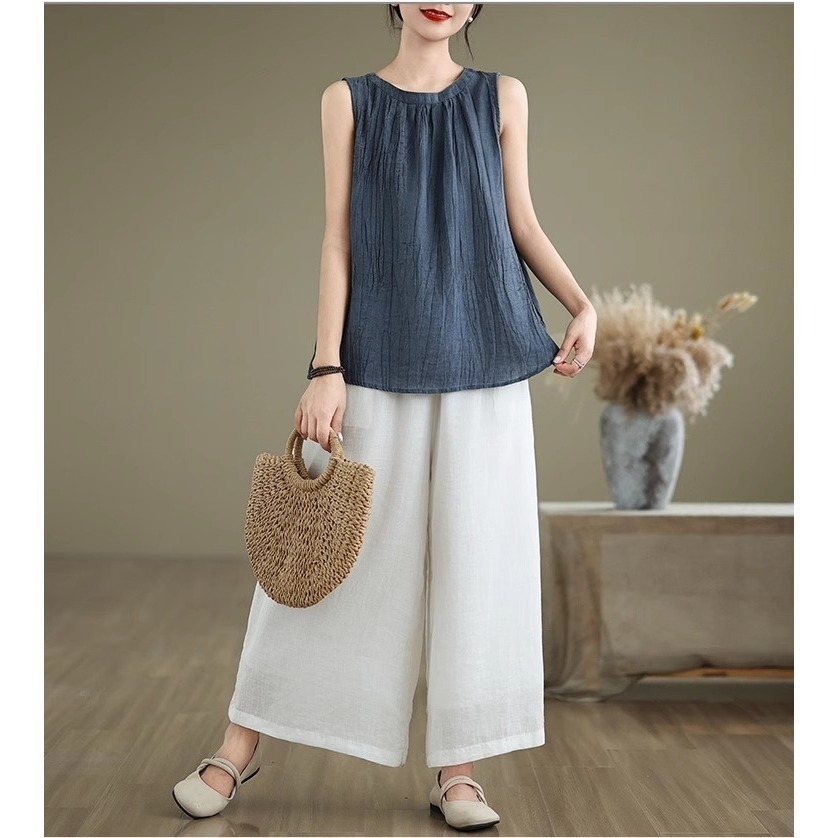 漾貝比【9155433】中大尺碼女裝 復古圓領褶皺縈麻寬鬆造型背心．共2色 (36-48)-細節圖4