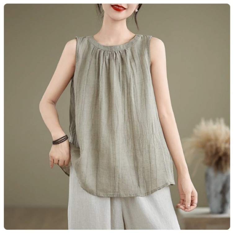 漾貝比【9155433】中大尺碼女裝 復古圓領褶皺縈麻寬鬆造型背心．共2色 (36-48)-細節圖5