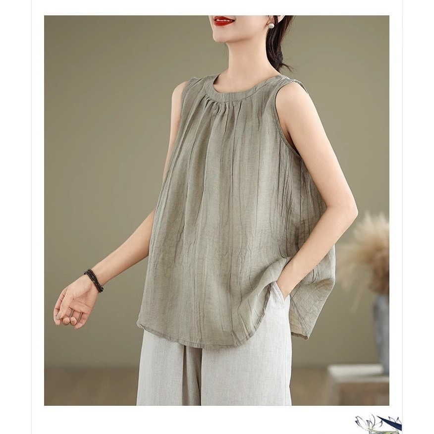 漾貝比【9155433】中大尺碼女裝 復古圓領褶皺縈麻寬鬆造型背心．共2色 (36-48)-細節圖6