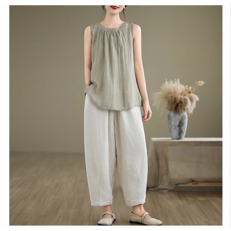 漾貝比【9155433】中大尺碼女裝 復古圓領褶皺縈麻寬鬆造型背心．共2色 (36-48)-細節圖7