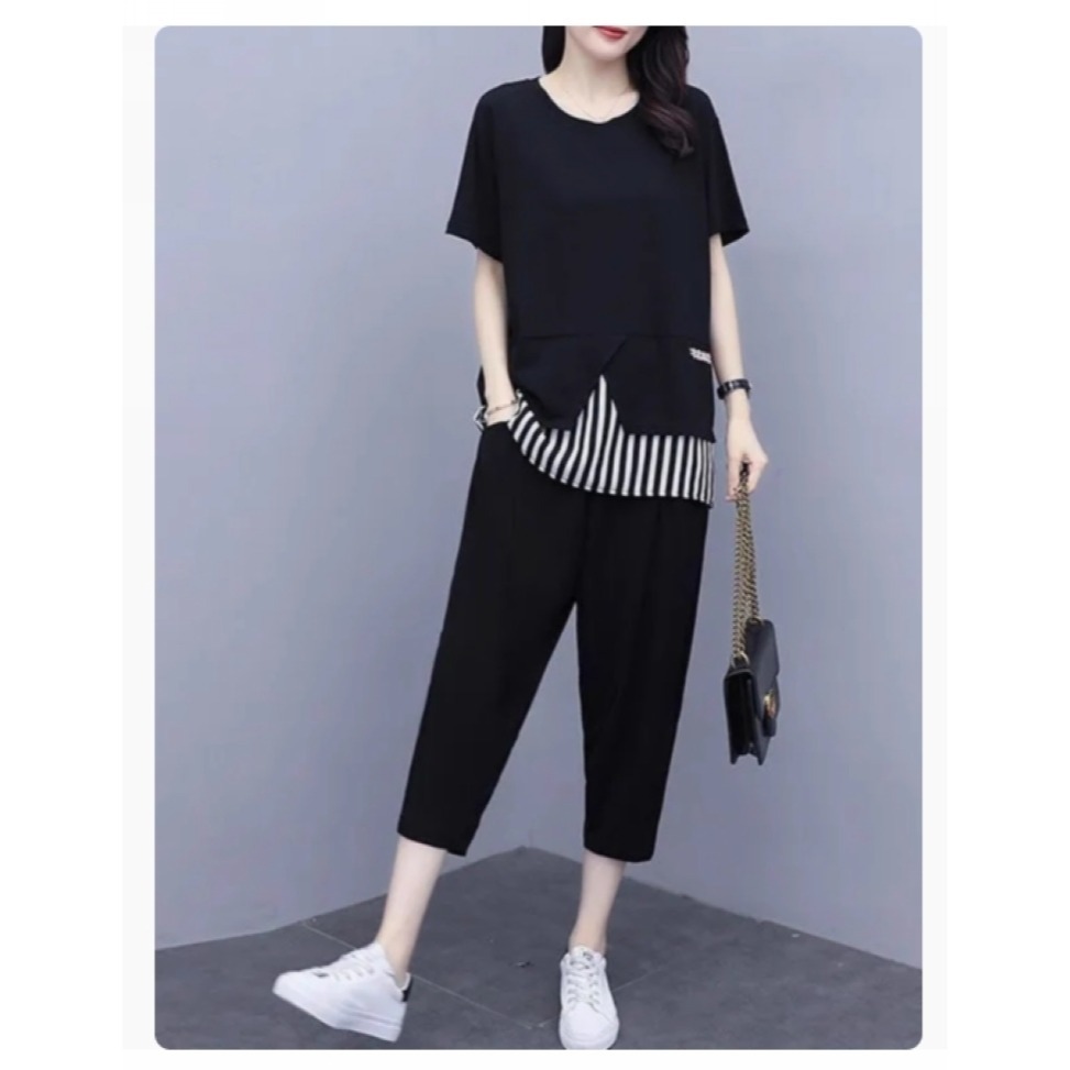 漾貝比【9155437】中大尺碼女裝 下襬拼接直紋上衣+九分褲套裝 (38-50)-細節圖2