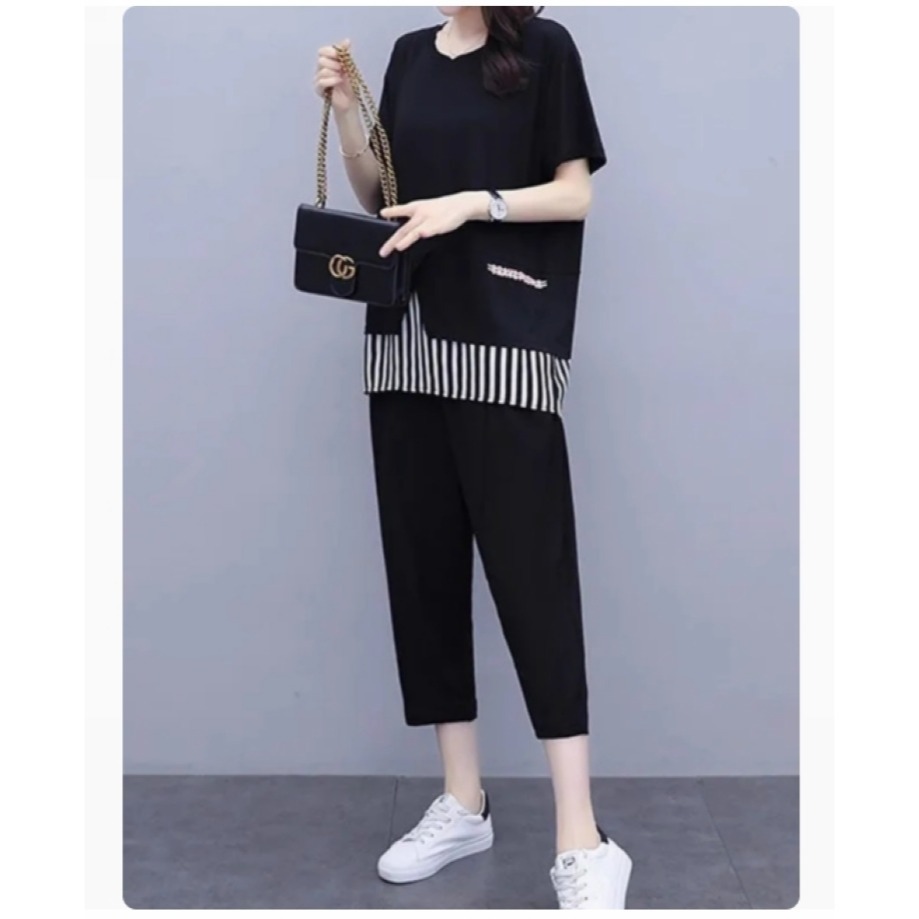 漾貝比【9155437】中大尺碼女裝 下襬拼接直紋上衣+九分褲套裝 (38-50)-細節圖3