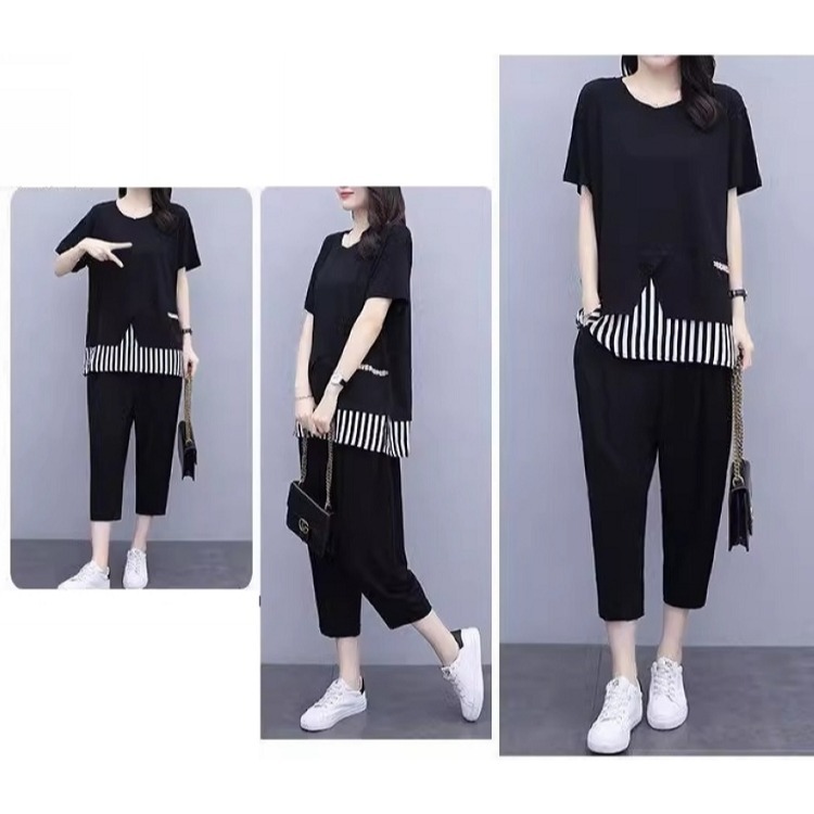 漾貝比【9155437】中大尺碼女裝 下襬拼接直紋上衣+九分褲套裝 (38-50)-細節圖4